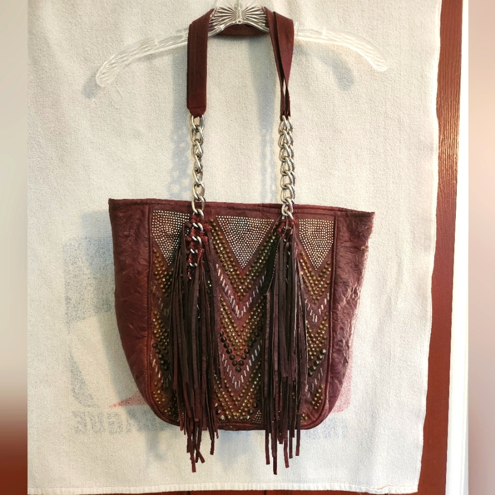 NWT Vintage Kippys studded and fringed shoulder bag, burgundy colored